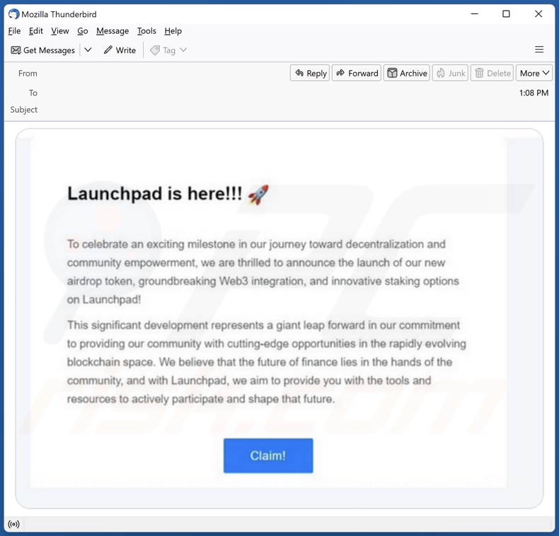 spam e-mail die wordt gebruikt om de De.Fi Launchpad Airdrop zwendel te promoten