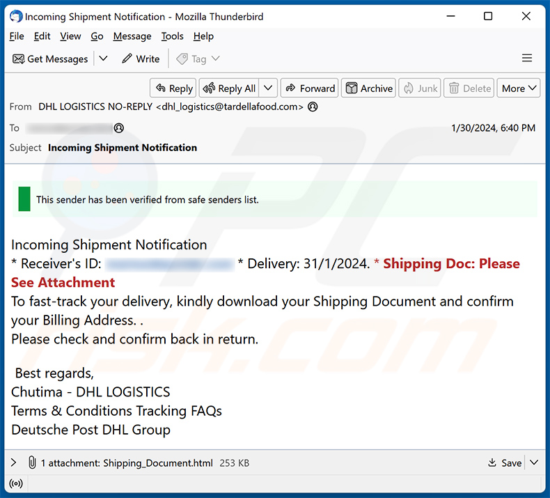 DHL - Incoming Shipment Notification email oplichterij (2024-02-01)