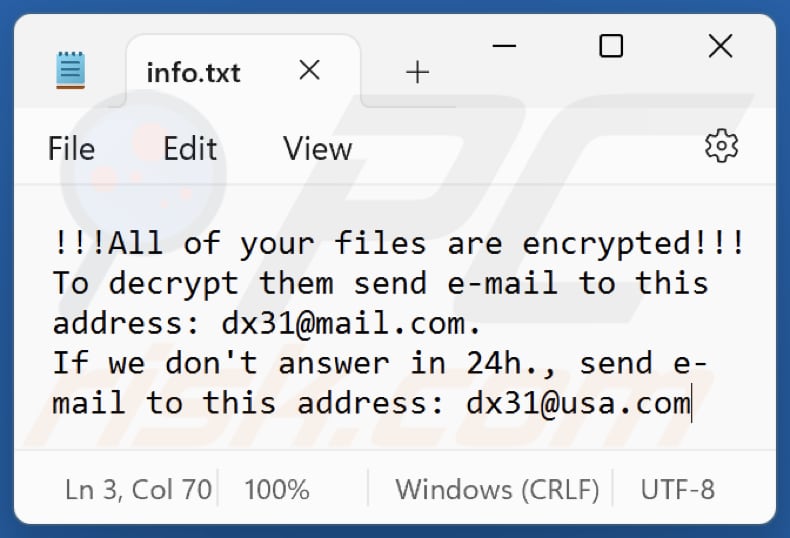 Dx31 ransomware tekstbestand met losgeldbrief (info.txt)
