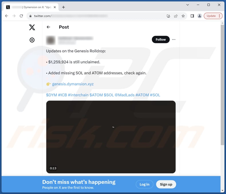 Dymension Genesis Post van zwendel X (Twitter) waarin de zwendel wordt gepromoot