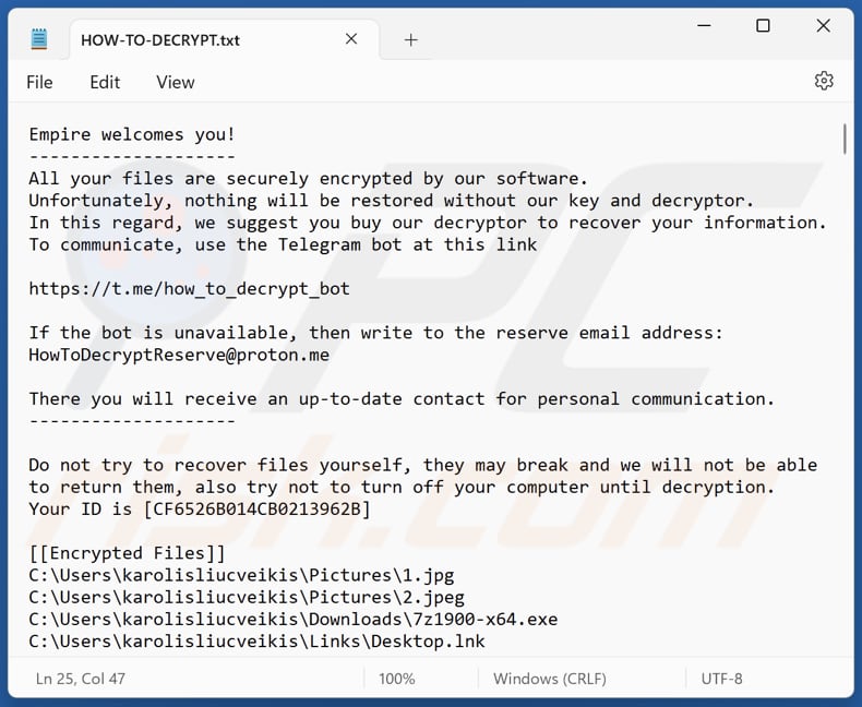 Empire ransomware tekstbestand (HOW-TO-DECRYPT.txt)