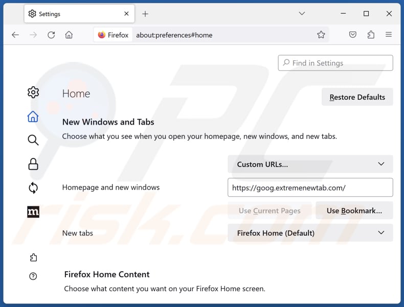 Verwijder extremenewtab.com van de Mozilla Firefox-startpagina