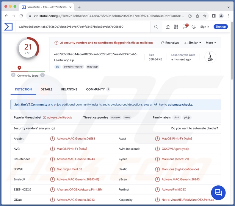 Fearful.app adware detecties op VirusTotal
