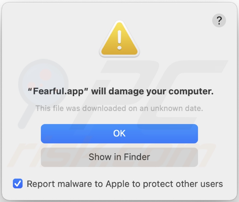 Pop-up weergegeven wanneer Fearful.app adware wordt gedetecteerd op het systeem