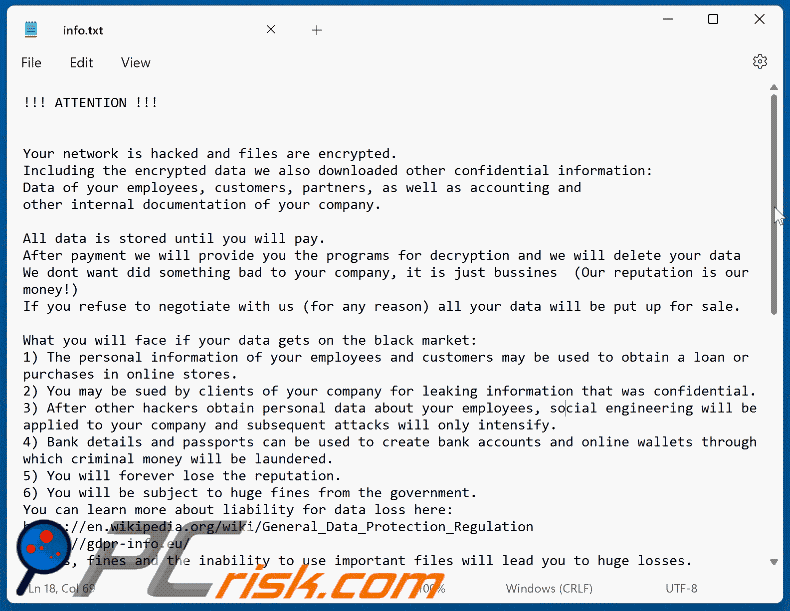 Gotmydatafast ransomware losgeld brief (info.txt)