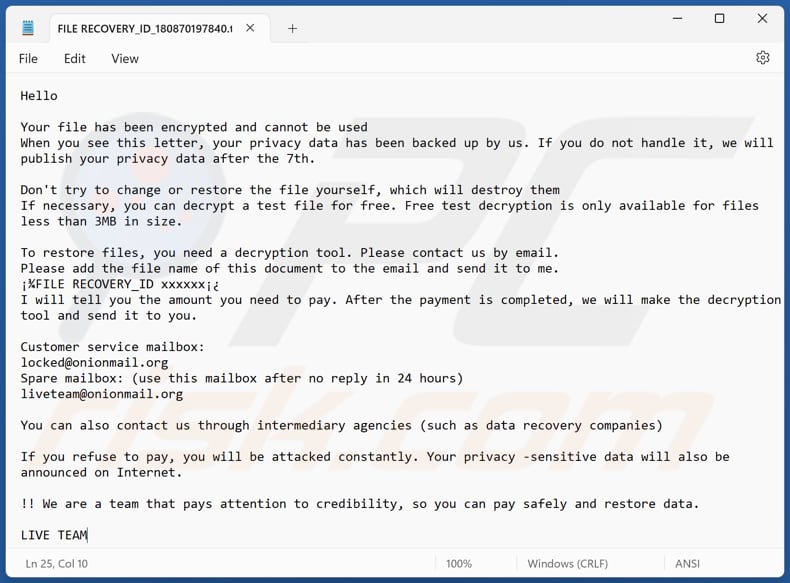 LIVE TEAM ransomware tekstbestand (FILE RECOVERY_ID_[victim's_ID].txt)