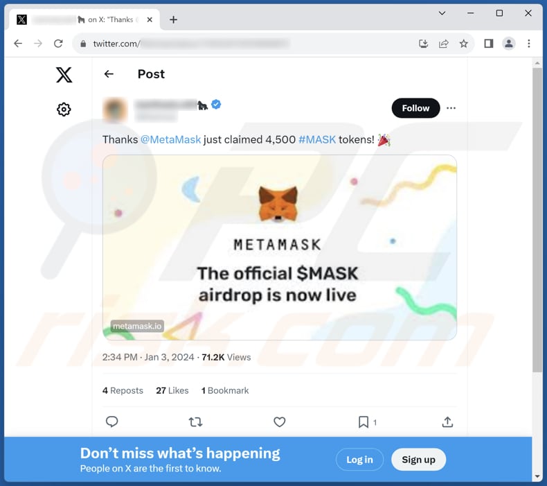 Mask token airdrop scam X (Twitter) bericht waarin de zwendel wordt gepromoot