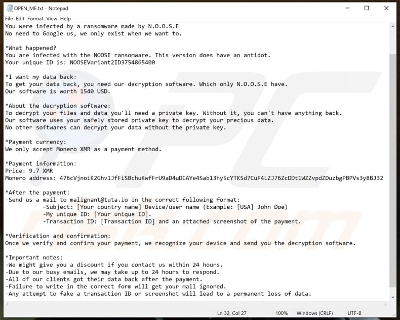 NOOSE ransomware tekstbestand (OPEN_ME.txt)