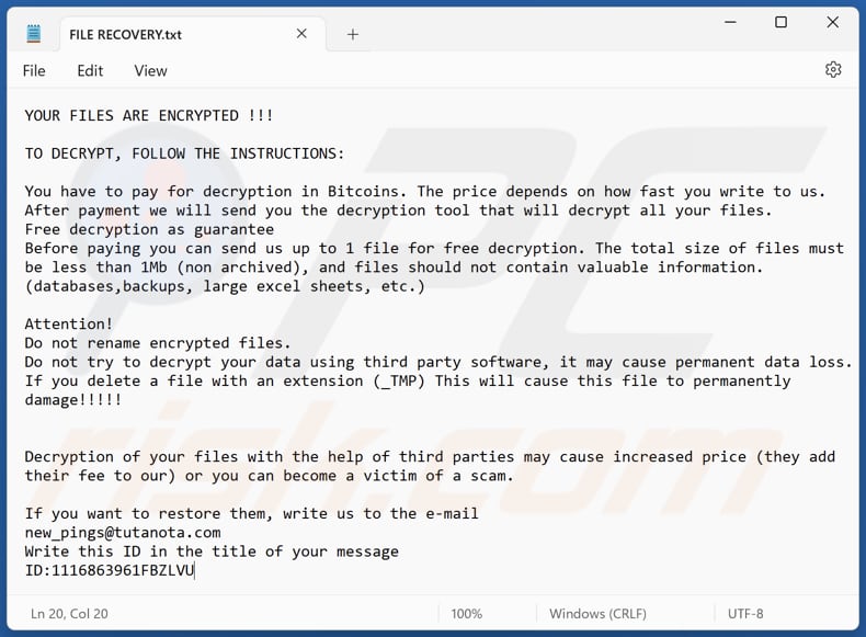 Pings ransomware tekstbestand (FILE RECOVERY.txt)