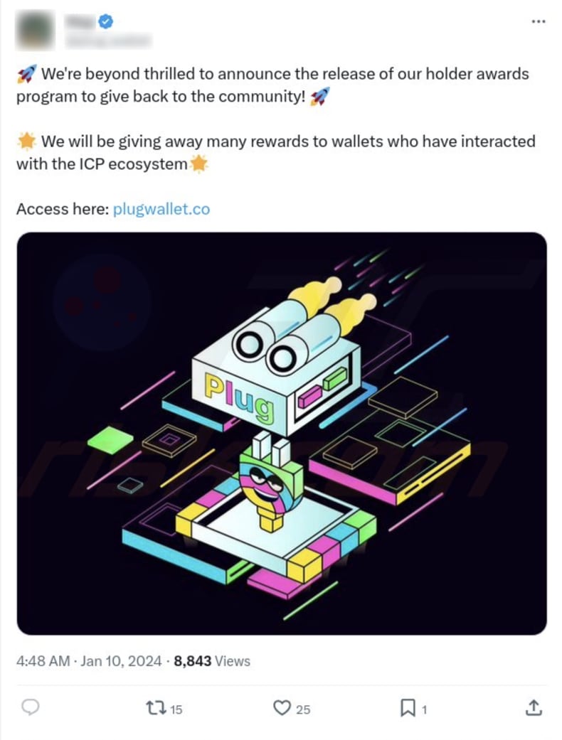 Plug wallet scam X (Twitter) bericht waarin de zwendel wordt gepromoot