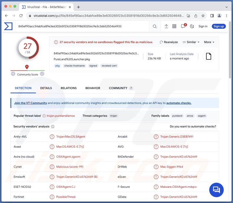 PureLand malware detecties op VirusTotal