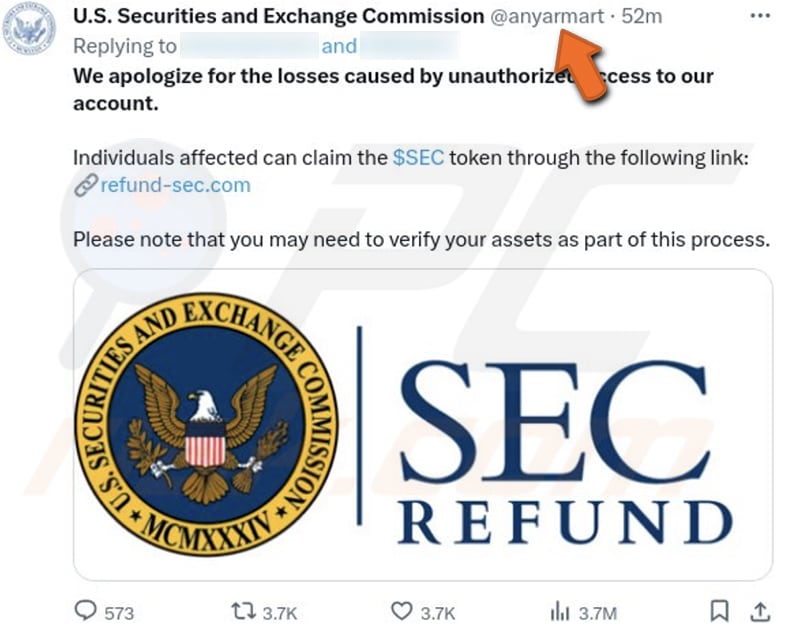 SEC Token Refund Airdrop oplichterij X (Twitter) post die de zwendel promoot