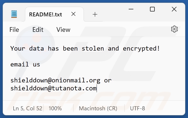 Shiel ransomware tekstbestand (README!.txt)