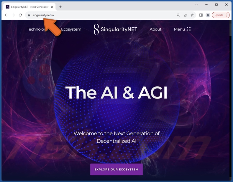 Echt SingularityNET website die wordt geïmiteerd door zijn naamgenoot oplichterij