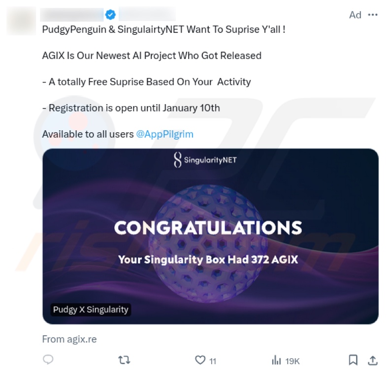 SingularityNET - AGIX zwendel gepromoot op X (Twitter)