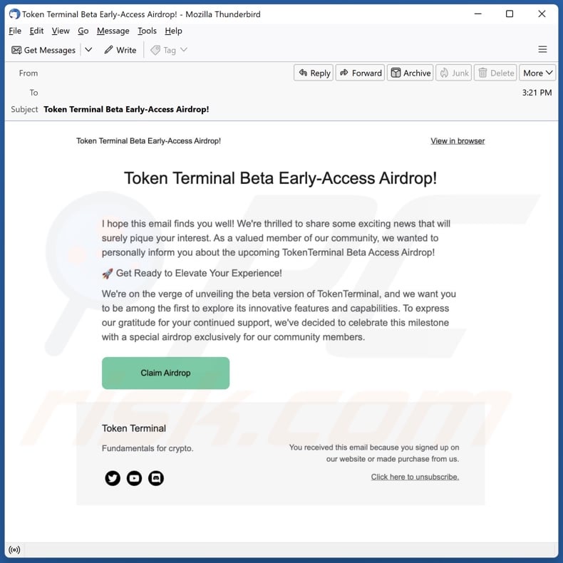 Token Terminal's Airdrop scam die spam e-mail onderschrijft