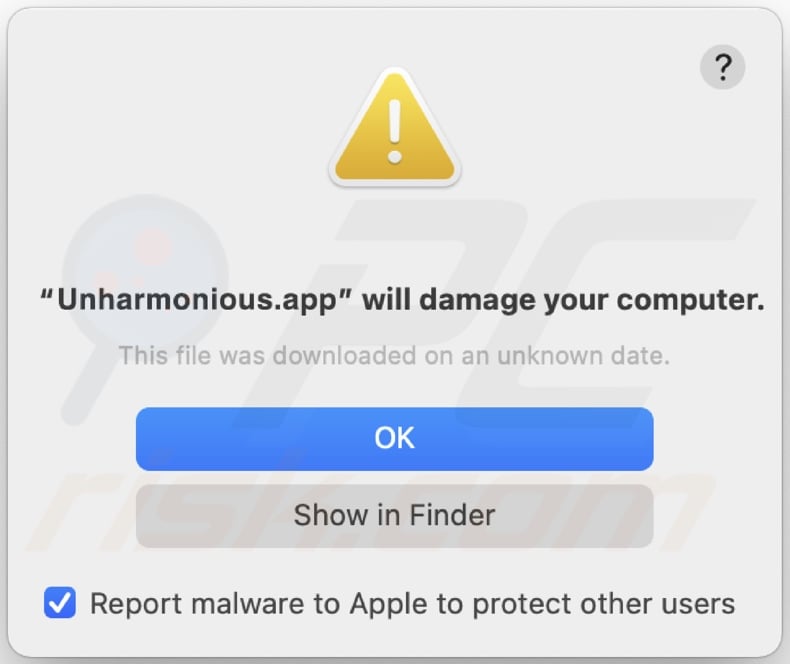 Pop-up weergegeven wanneer Unharmonious.app adware is gedetecteerd op het systeem
