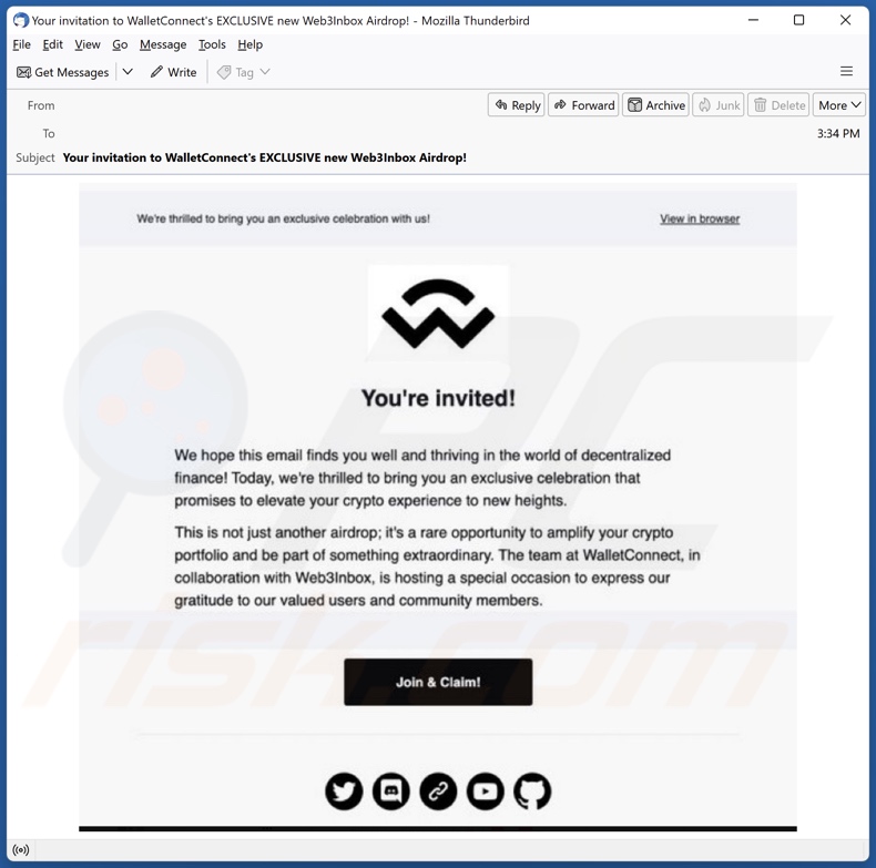 spam-e-mail die wordt gebruikt om de WalletConnect & Web3Inbox Airdrop scam