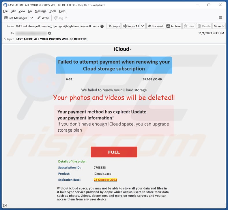 Your iCloud Photos And Videos Will Be Deleted email spam campagne
