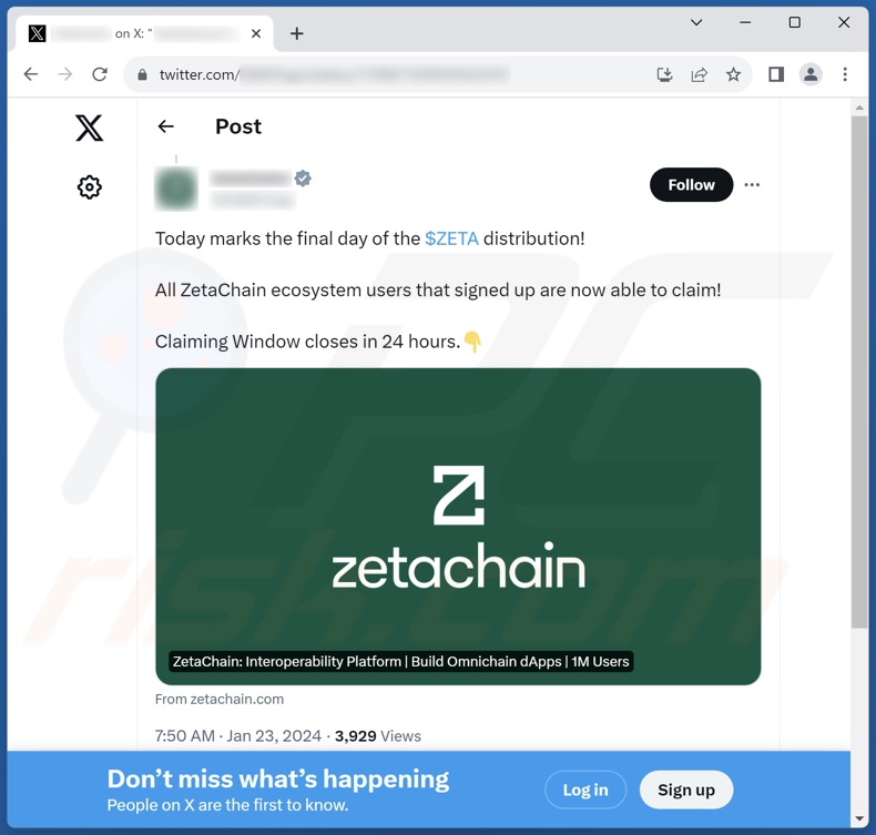 de 'ZetaChain Airdrop'-zwendel wordt gepromoot op het sociale mediaplatform X (voorheen Twitter)