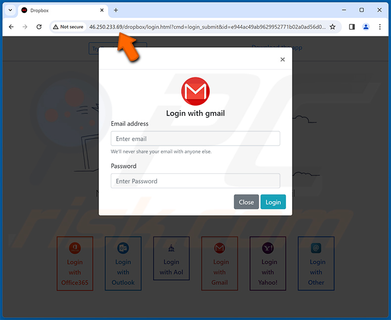 Phishingsite gepromoot via A File Was Shared With You Via Dropbox email scam (2024-02-13)