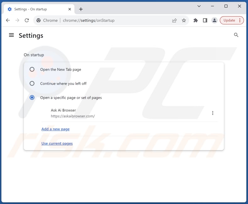 Askaibrowser.com verwijderen van de startpagina van Google Chrome