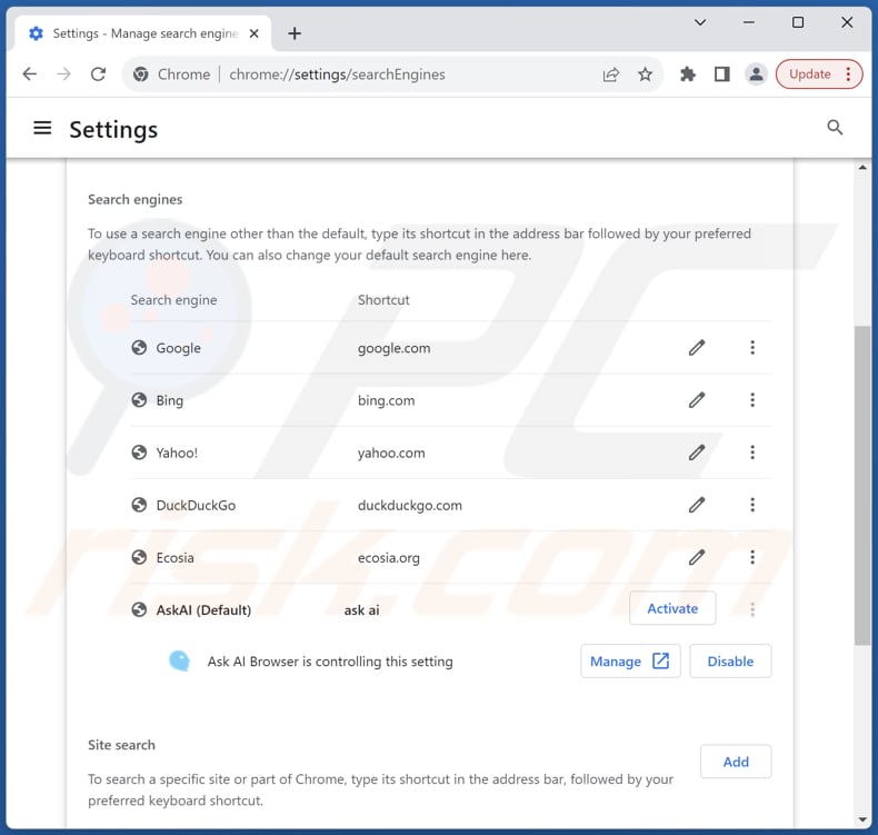 Verwijder askaibrowser.com uit de standaardzoekmachine van Google Chrome