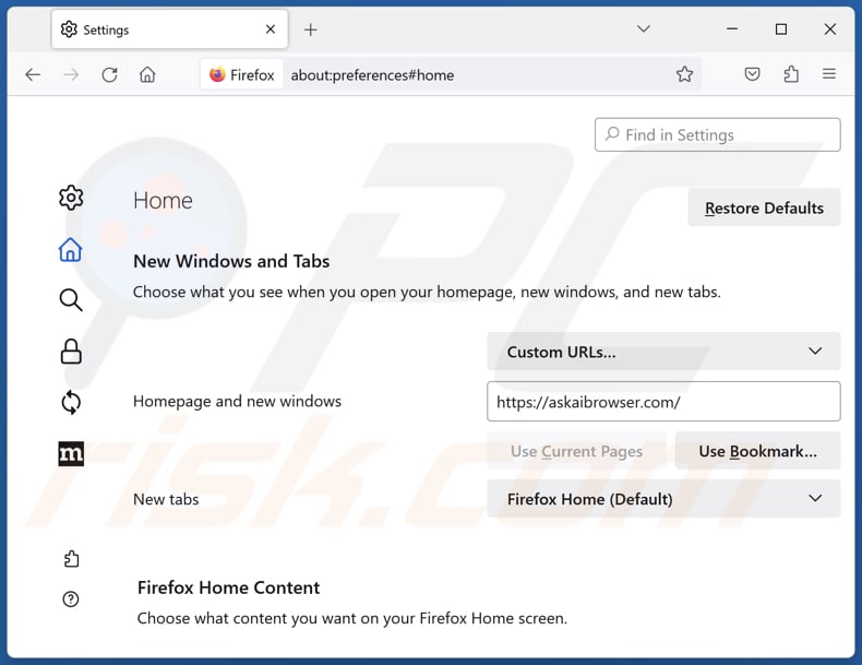 Askaibrowser.com verwijderen van de Mozilla Firefox-startpagina