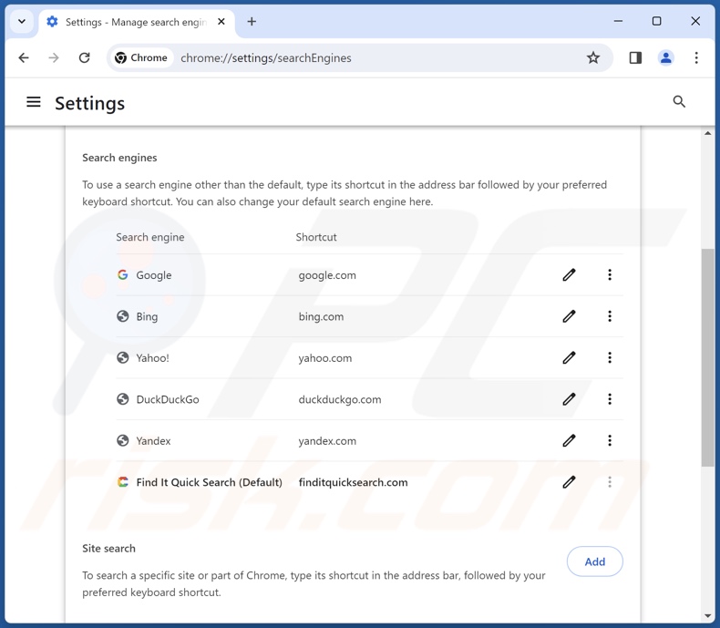Finditquicksearch.com verwijderen uit de standaardzoekmachine van Google Chrome