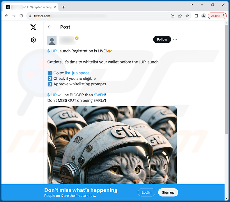 X (Twitter) post die deze zwendel promoot Jupiter Airdrop scam website - listed-jup[.]space