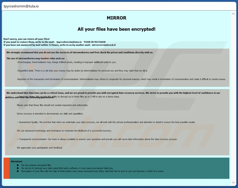 MIRROR ransomware losgeldbrief (pop-up window)