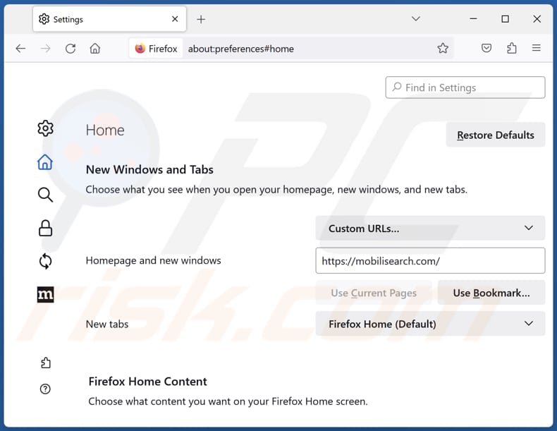 Verwijderen van mobilisearch.com uit Mozilla Firefox startpagina