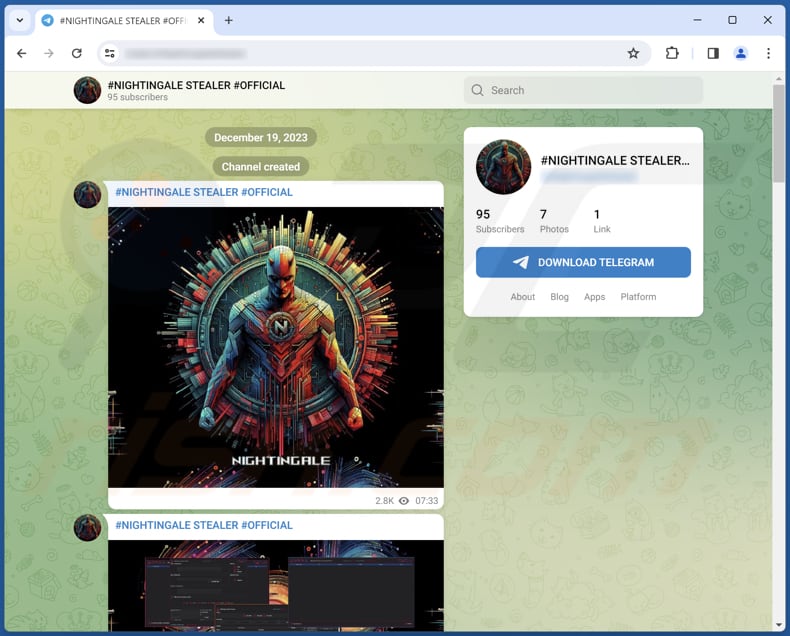 Nightingale stealer Telegram channel