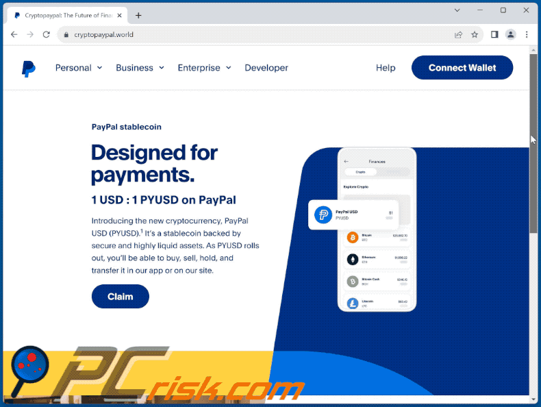 Weergave van de PayPal Stablecoin scam (GIF)