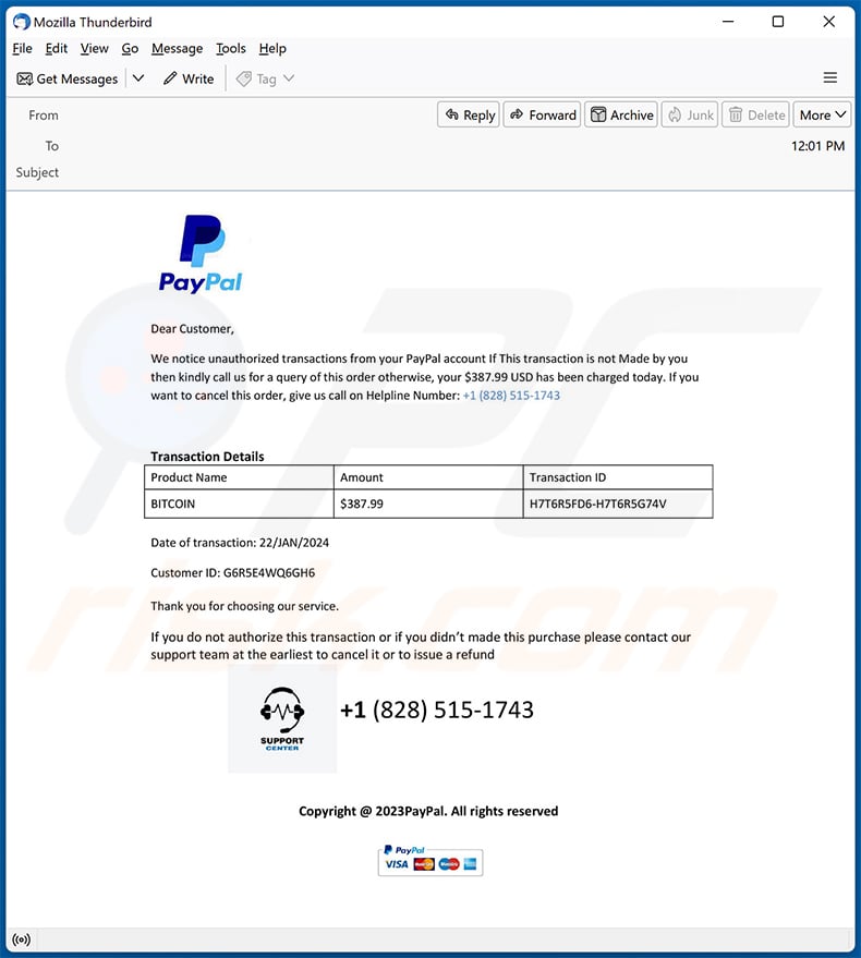 PayPal - Unauthorized Transaction Oplichting via e-mail (2024-02-04)