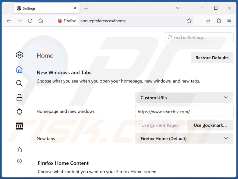 Verwijder searchfz.com van de Mozilla Firefox-startpagina