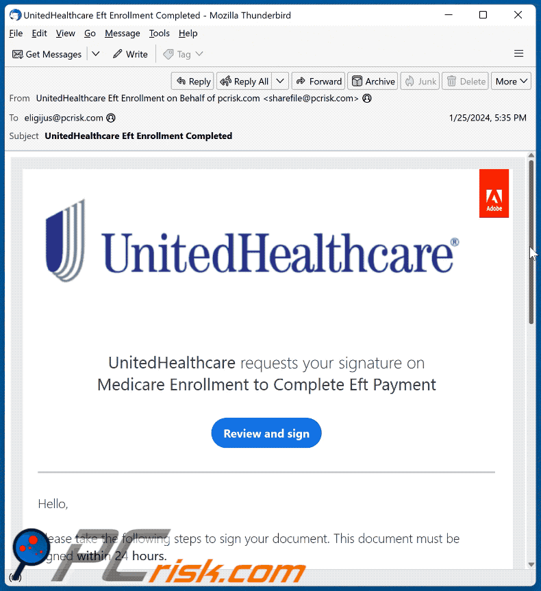 UnitedHealthcare verschijning van e-mailoplichting