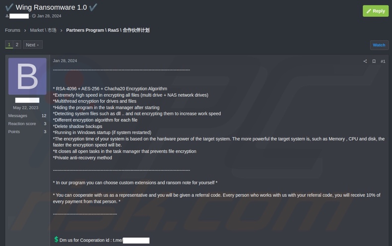 post op een hacker forum waarin partners worden gezocht voor Wing ransomware