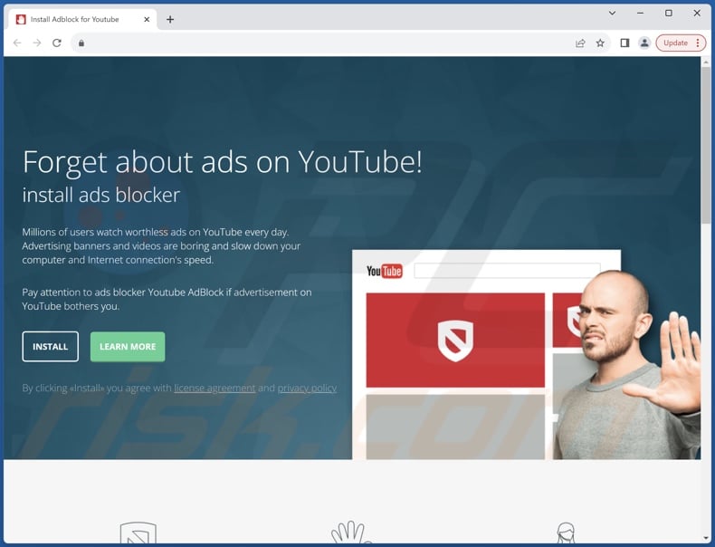 Website die Adblock voor Youtube promoot