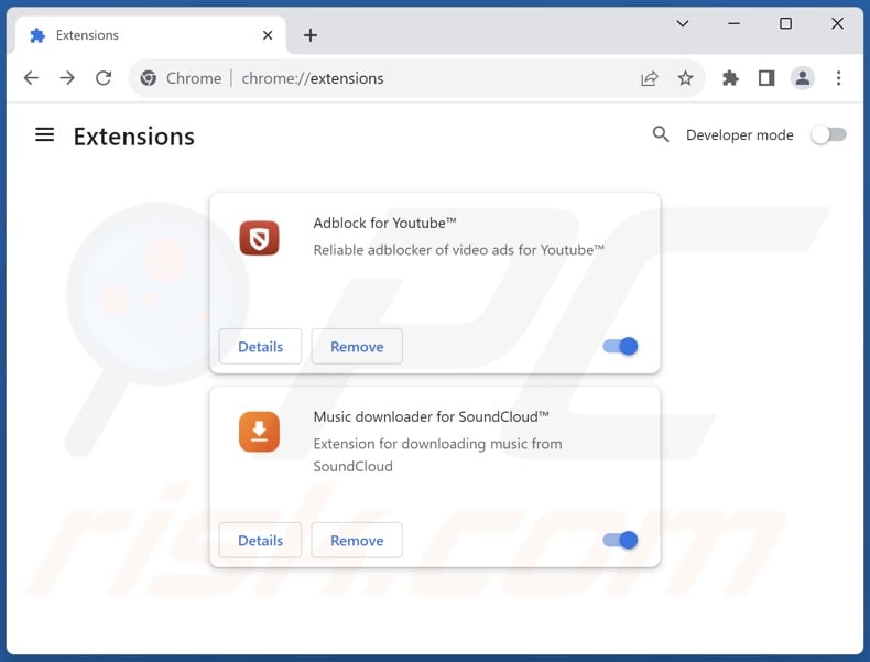 ysearcher.com het promoten van browserkapers (Adblock voor Youtube, Muziekdownloader voor SoundCloud)