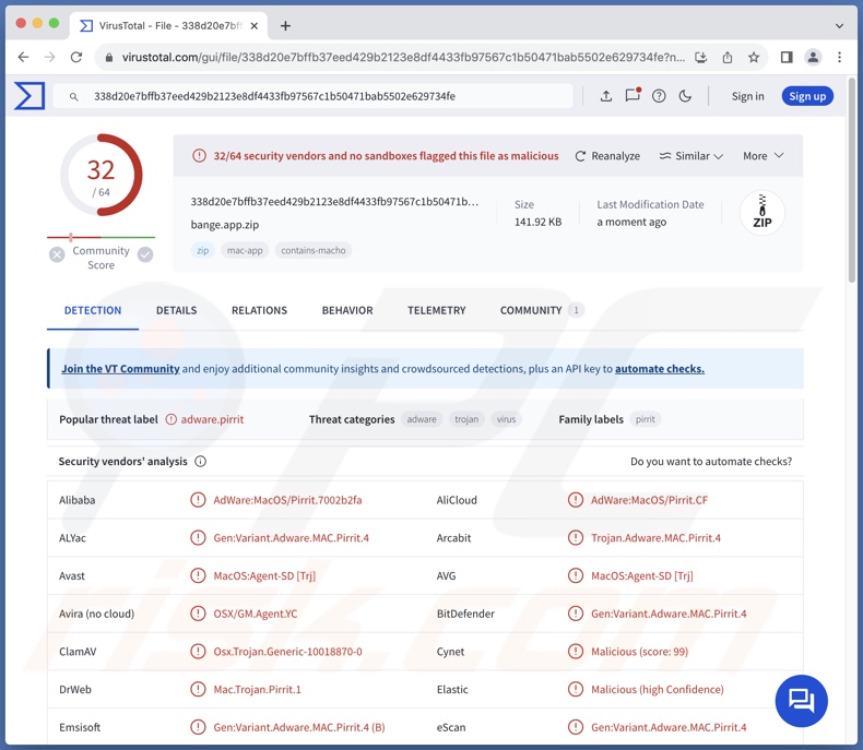 Bande.app adware detecties op VirusTotal