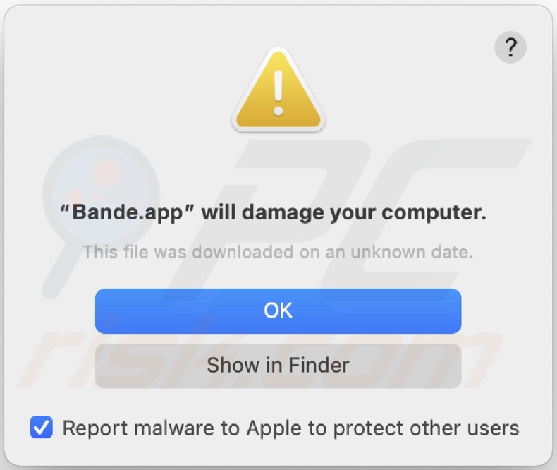 Pop-up weergegeven wanneer Bande.app adware is gedetecteerd op het systeem