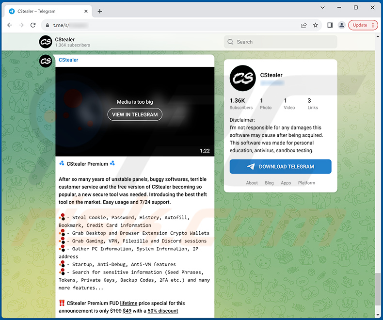 Telegram-account gebruikt om CStealer te promoten
