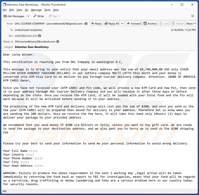 DHL Lottery spam e-mailcampagne