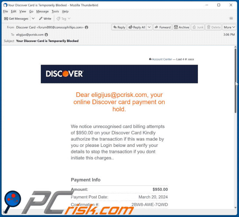 Discover Card Payment On Hold e-mailoplichting (GIF)