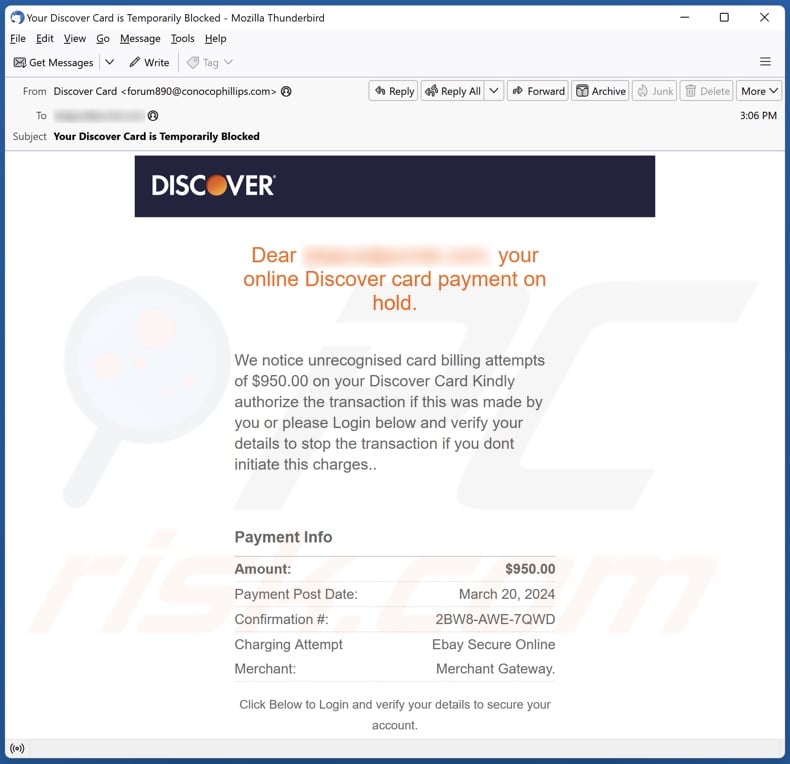 Discover Card Payment On Hold spam e-mailcampagne