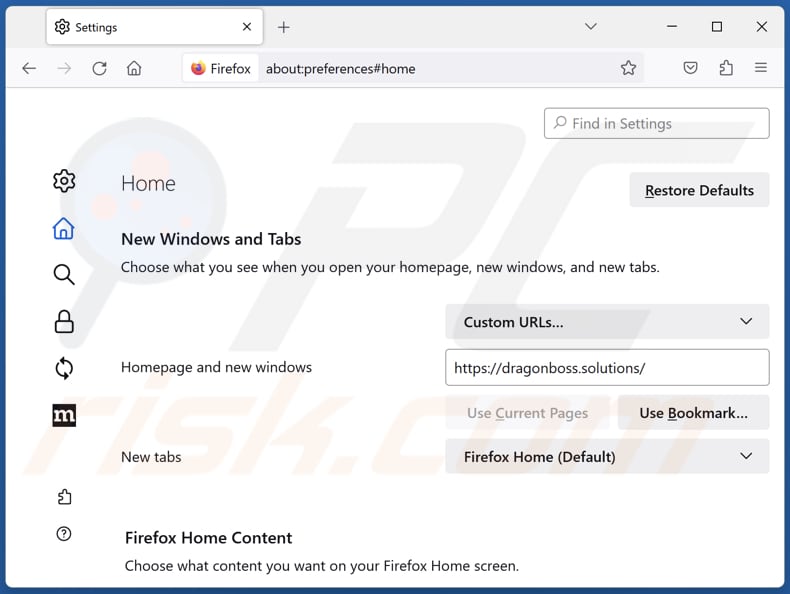 Dragonboss.solutions verwijderen van de Mozilla Firefox-startpagina