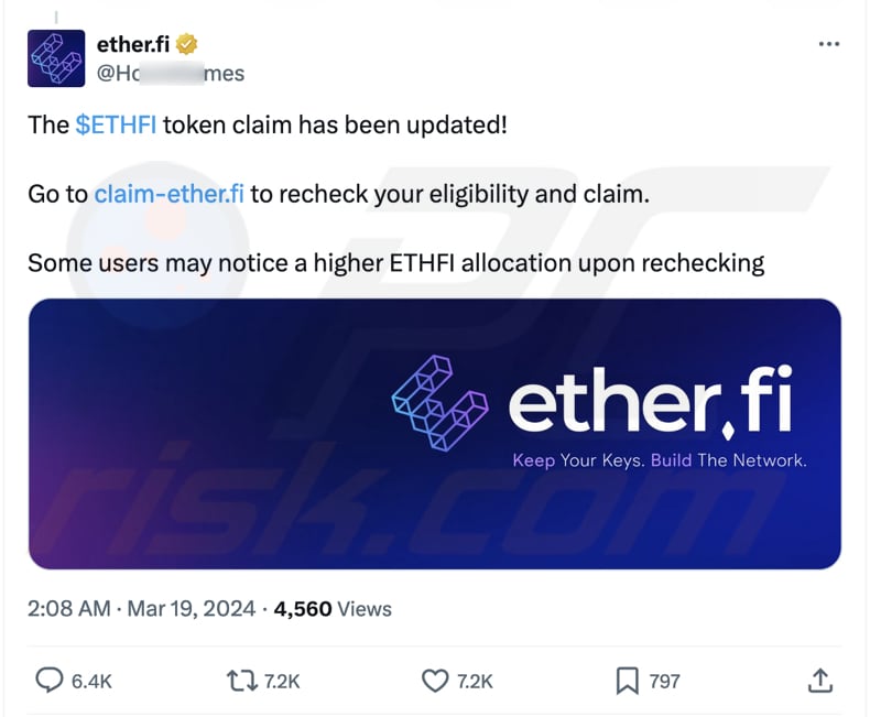 valse ether.fi pagina gepromoot met behulp van valse ether.fi account