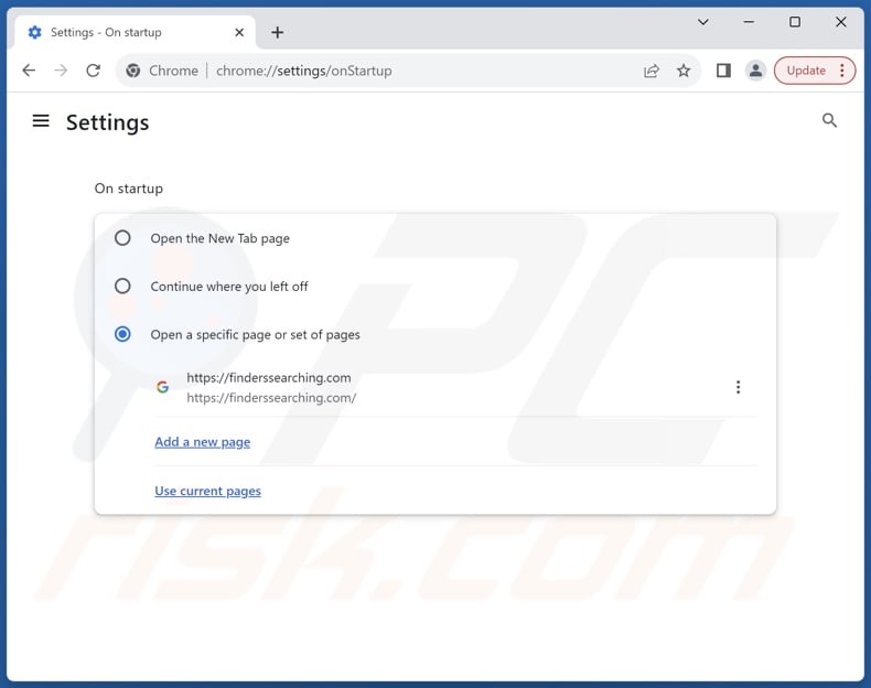 Finderssearching.com verwijderen uit de startpagina van Google Chrome