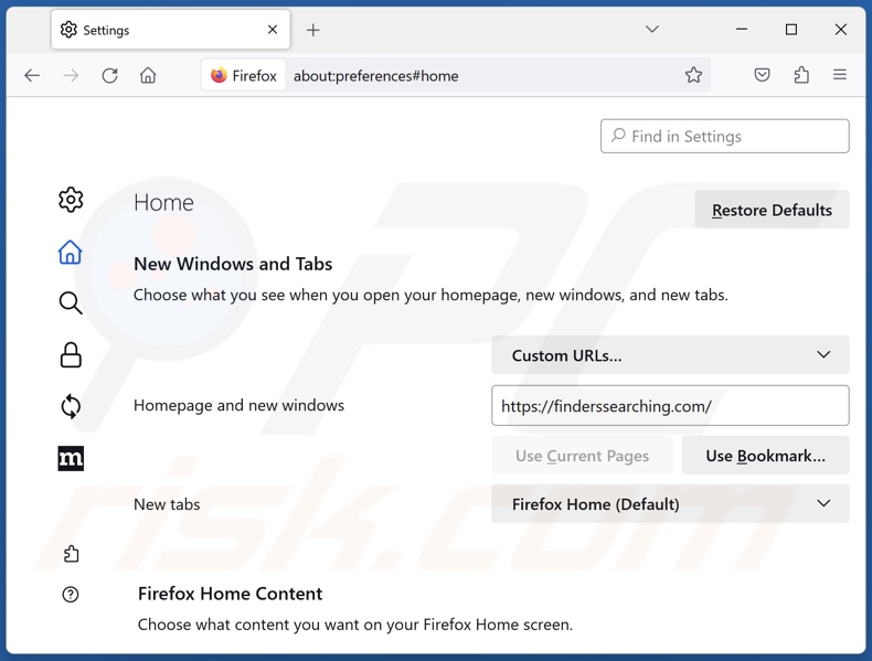 Finderssearching.com verwijderen uit de startpagina van Mozilla Firefox